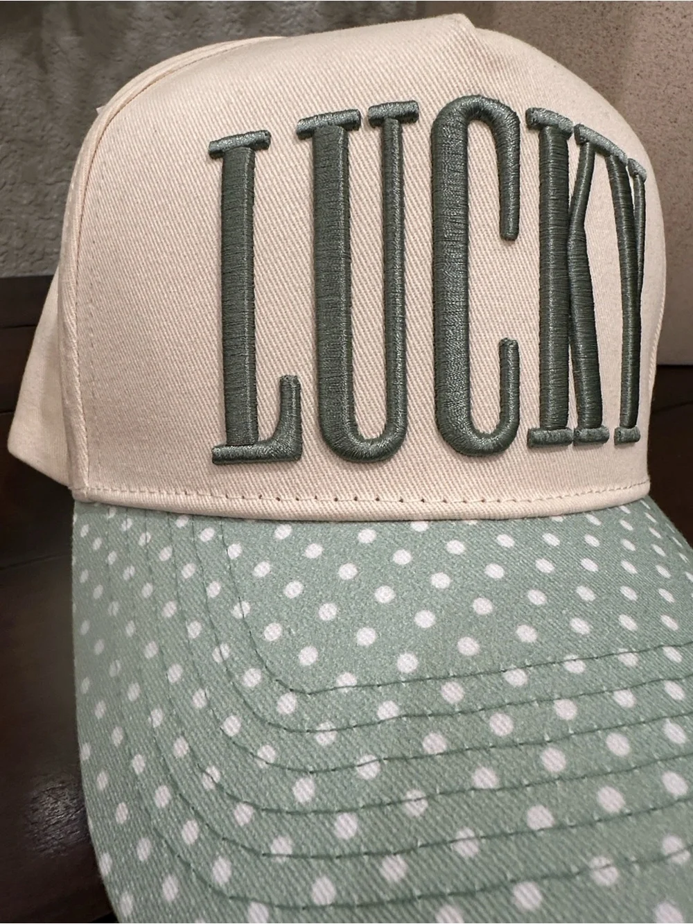 “Lucky” Polka Dot Cap in Sage Green & Cream